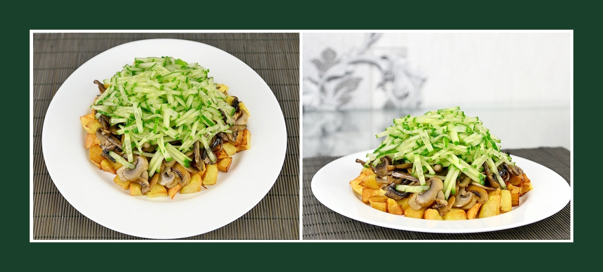 Pikanter Schichtsalat mit Bratkartoffeln, gebrateten Pilzen und frischen Gurken Pikanter Schichtsalat mit Bratkartoffeln, gebrateten Pilzen und frischen Gurken