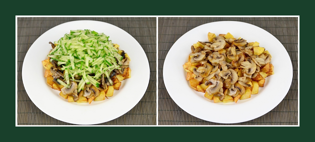 Pikanter Schichtsalat mit Bratkartoffeln und gebrateten Pilzen Pikanter Schichtsalat mit Bratkartoffeln und gebrateten Pilzen