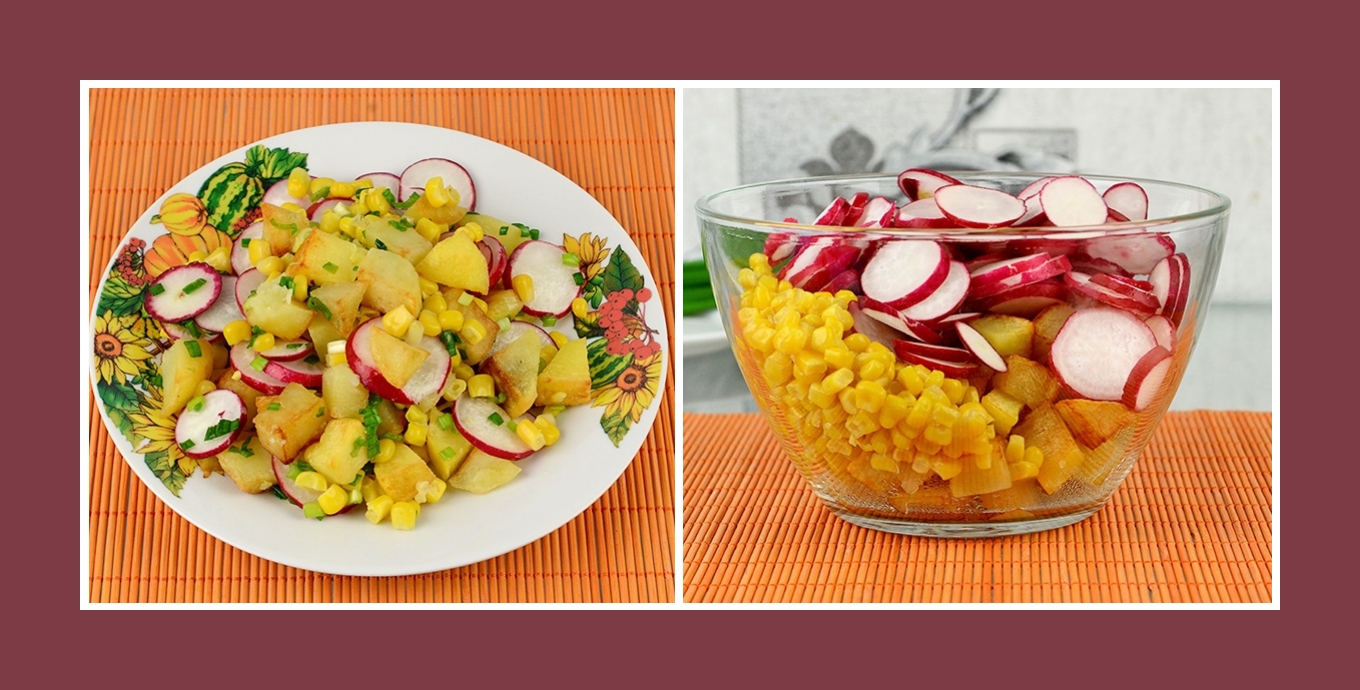 Salat mit Radieschen, Mais und Bratkartoffeln Salat mit Radieschen, Mais und Bratkartoffeln