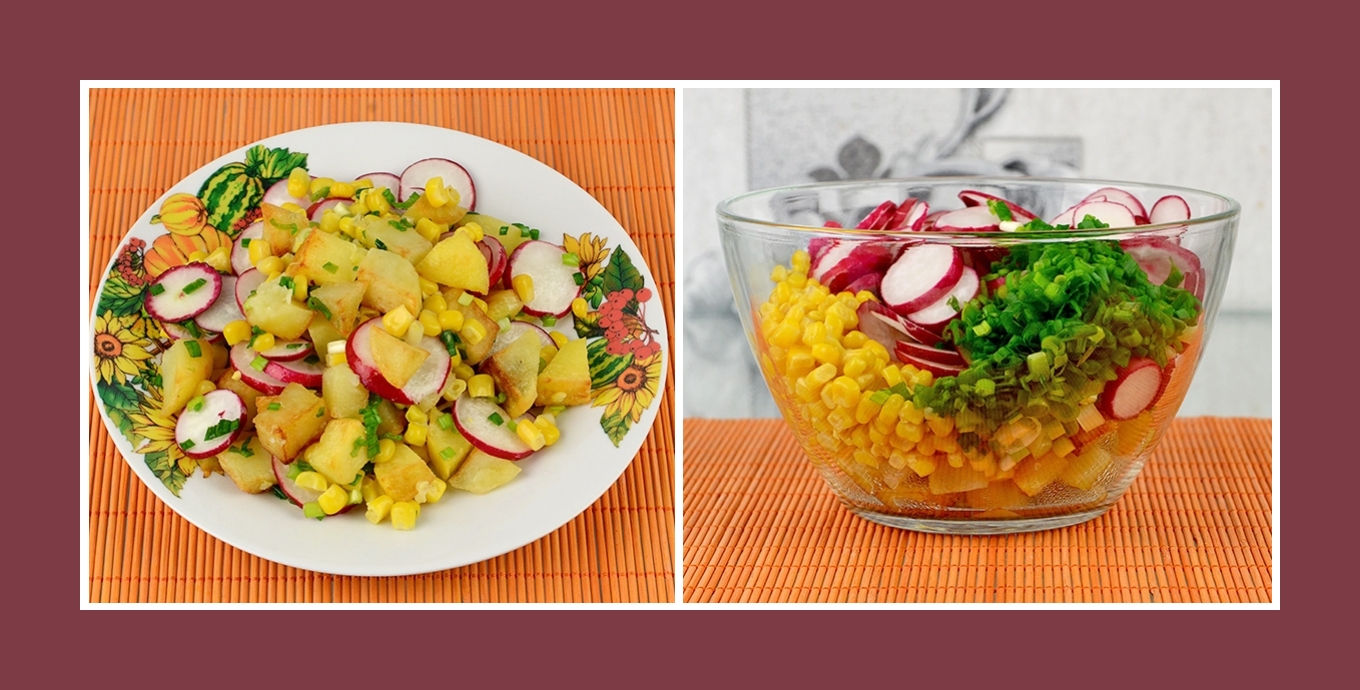 Salat mit Schnittlauch, Bratkartoffeln, Mais und pikanten Radieschen Salat mit Schnittlauch, Bratkartoffeln, Mais und pikanten Radieschen